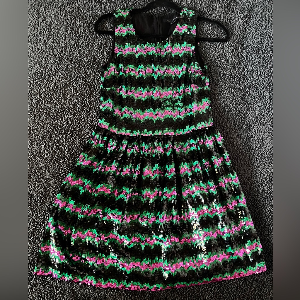 French Connection Pink, Black, Green Sequin Dress Wicked Movie Outfit, Size: 4